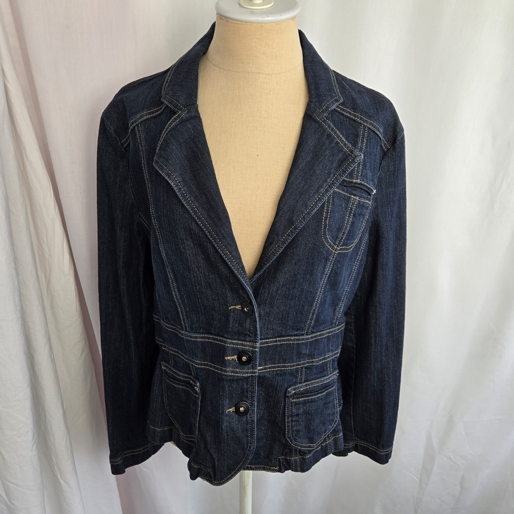 Riders By Lee Copper Vtg Denim Peplum Jacket Blazer Size XL Button Front Blue